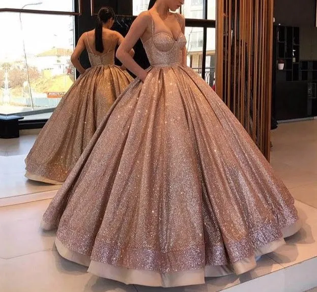 Long Glitter Lebanon Arabic Style Evening Dresses Ball Gown Puffy Sweetheart Sparkly Formal Women Gowns