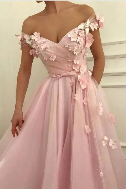 Long Pink Evening Gowns Flowers Tulle Off the Shoulder Prom Dresses Pearls