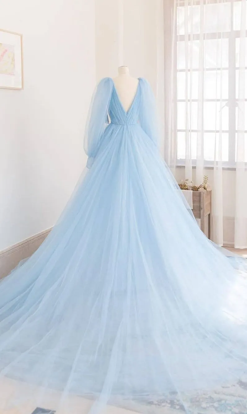 Long Sleeve Blue Formal Party Dress