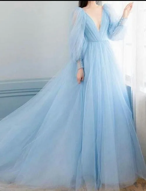 Long Sleeve Blue Formal Party Dress