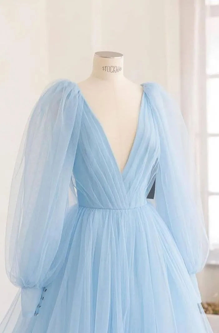 Long Sleeve Blue Formal Party Dress