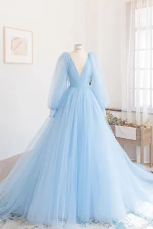 Long Sleeve Blue Formal Party Dress