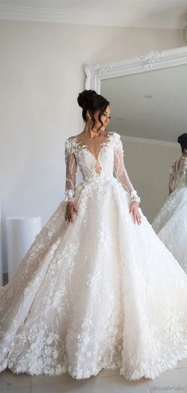 Long Sleeves Elegant Beautiful Mermaid Princess Romantic Wedding Dresses,Ball Gown, WD0356
