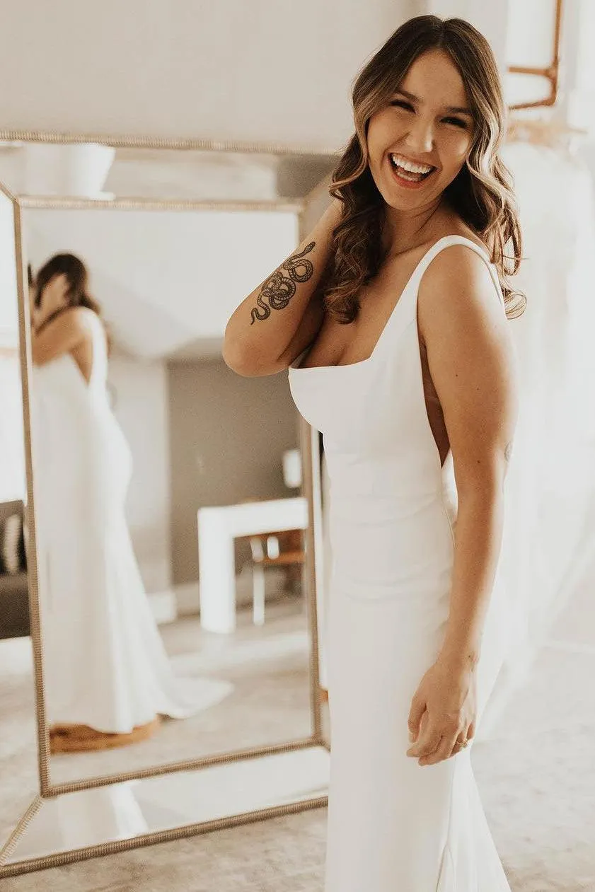 Long Square Neck Mermaid White Satin Wedding Bridal Dress TN331