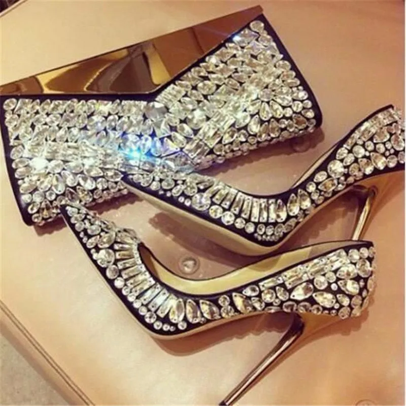 Luxury Ladies Full Crystal Embellished Pumps Stiletto High Heels Jeweled Pumps Pointed Toe Bridal Wedding Party Shoes Women