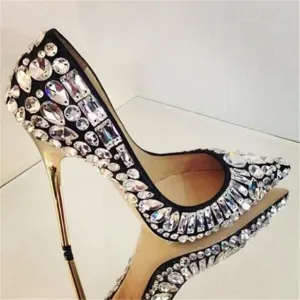 Luxury Ladies Full Crystal Embellished Pumps Stiletto High Heels Jeweled Pumps Pointed Toe Bridal Wedding Party Shoes Women