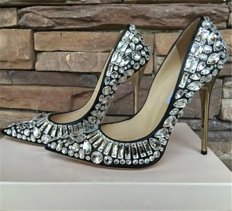 Luxury Ladies Full Crystal Embellished Pumps Stiletto High Heels Jeweled Pumps Pointed Toe Bridal Wedding Party Shoes Women