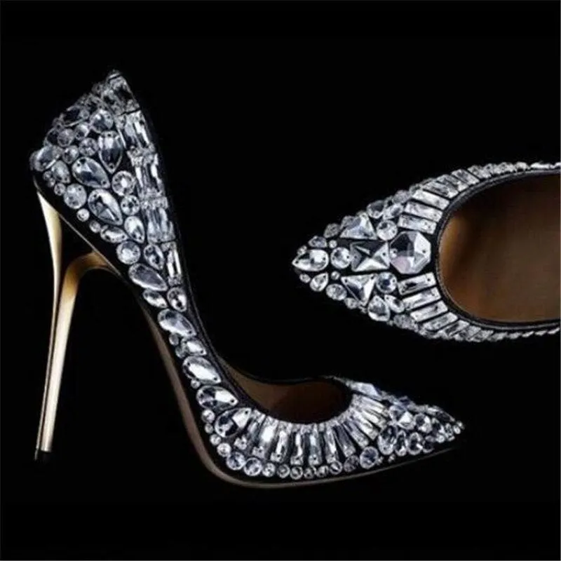 Luxury Ladies Full Crystal Embellished Pumps Stiletto High Heels Jeweled Pumps Pointed Toe Bridal Wedding Party Shoes Women