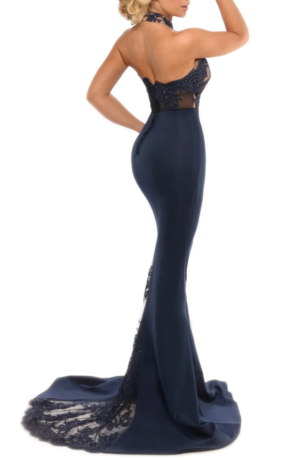 MACloth Mermaid Halter Lace Jersey Long Prom Dress Sexy Formal Gown