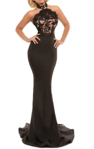 MACloth Mermaid Halter Lace Jersey Long Prom Dress Sexy Formal Gown