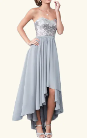 MACloth Strapless High Low Sequin Chiffon Cocktail Dress Silver Wedding Party Formal Gown