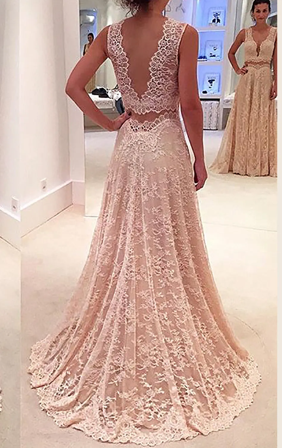 MACloth Two Piece V Neck Lace Long Prom Dress Formal Party Gown