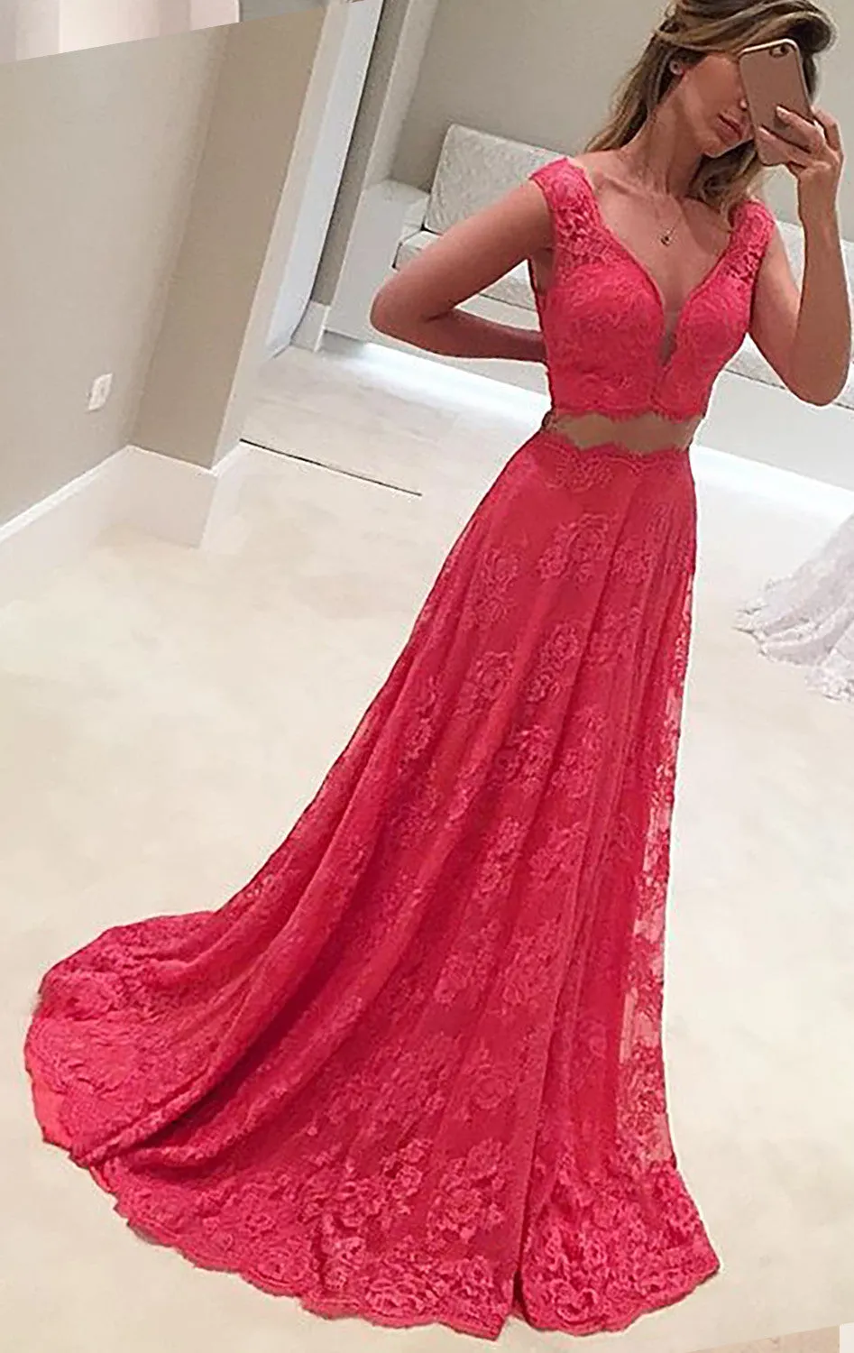 MACloth Two Piece V Neck Lace Long Prom Dress Formal Party Gown