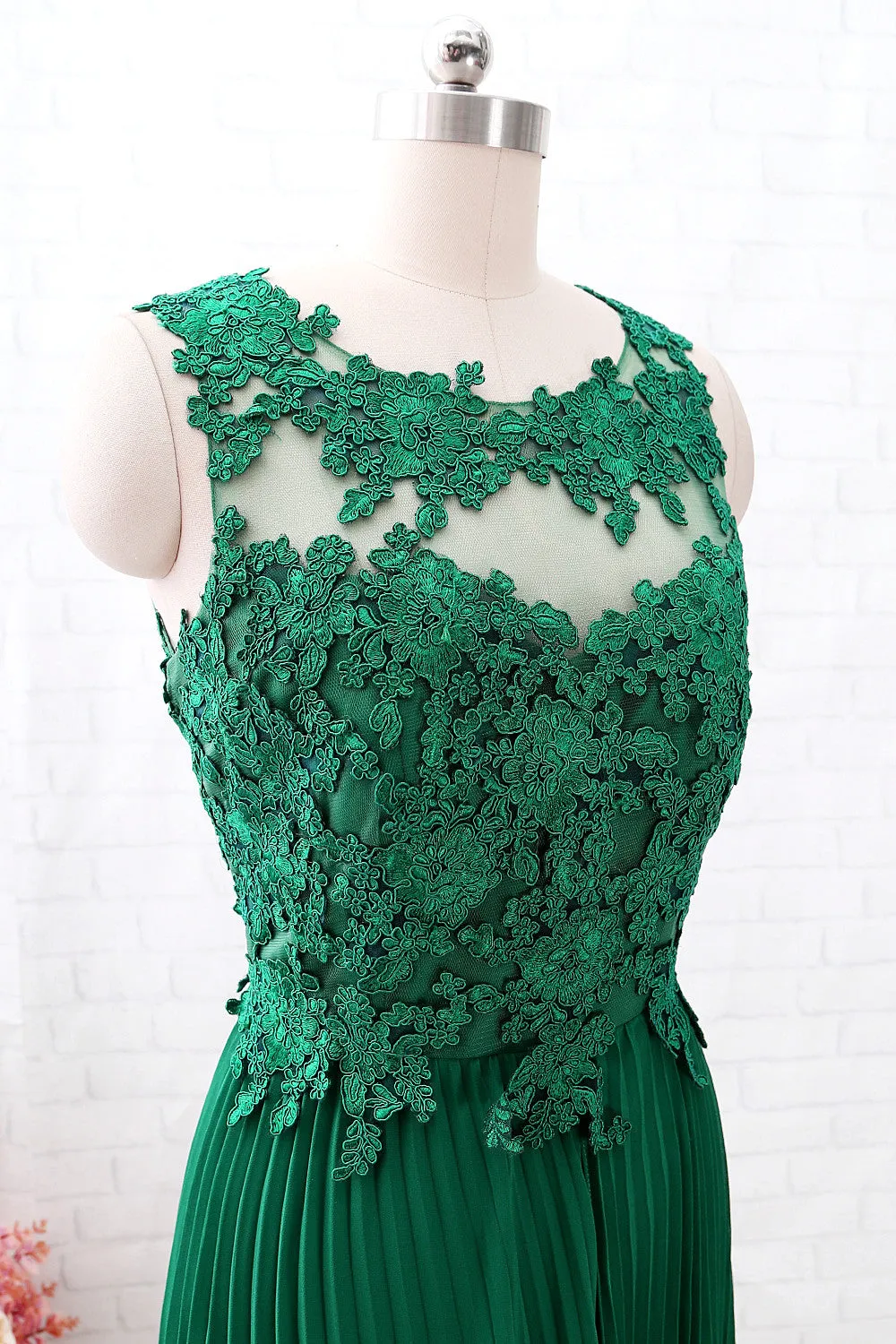 MACloth Vintage Lace Chiffon Open Back Green Long Bridesmaid Dress Formal Prom Gown