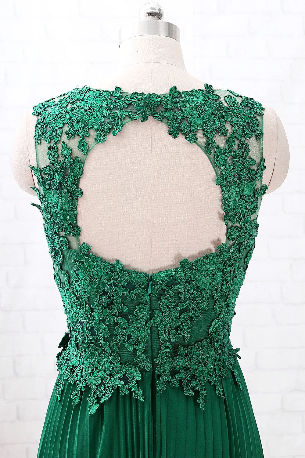 MACloth Vintage Lace Chiffon Open Back Green Long Bridesmaid Dress Formal Prom Gown