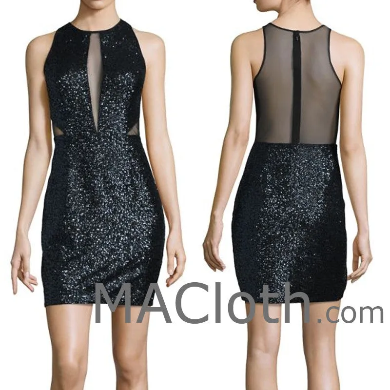 MACloth Women Straps Cut out Sequin Black Mini Cocktail Dress Formal Evening Gown
