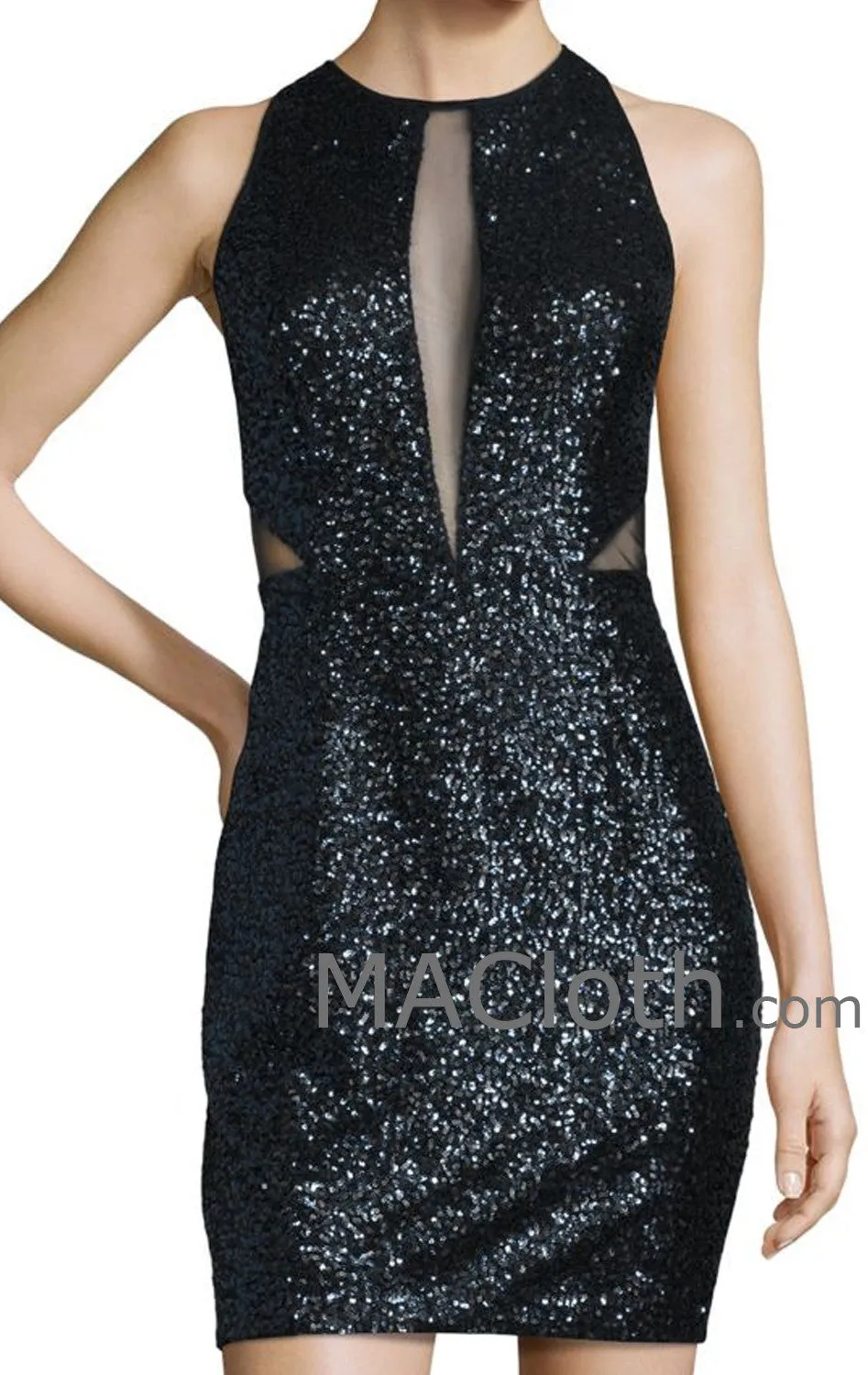 MACloth Women Straps Cut out Sequin Black Mini Cocktail Dress Formal Evening Gown