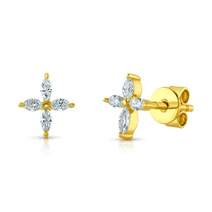 MARQUISE CROSS DIAMOND STUDS, 14kt Gold