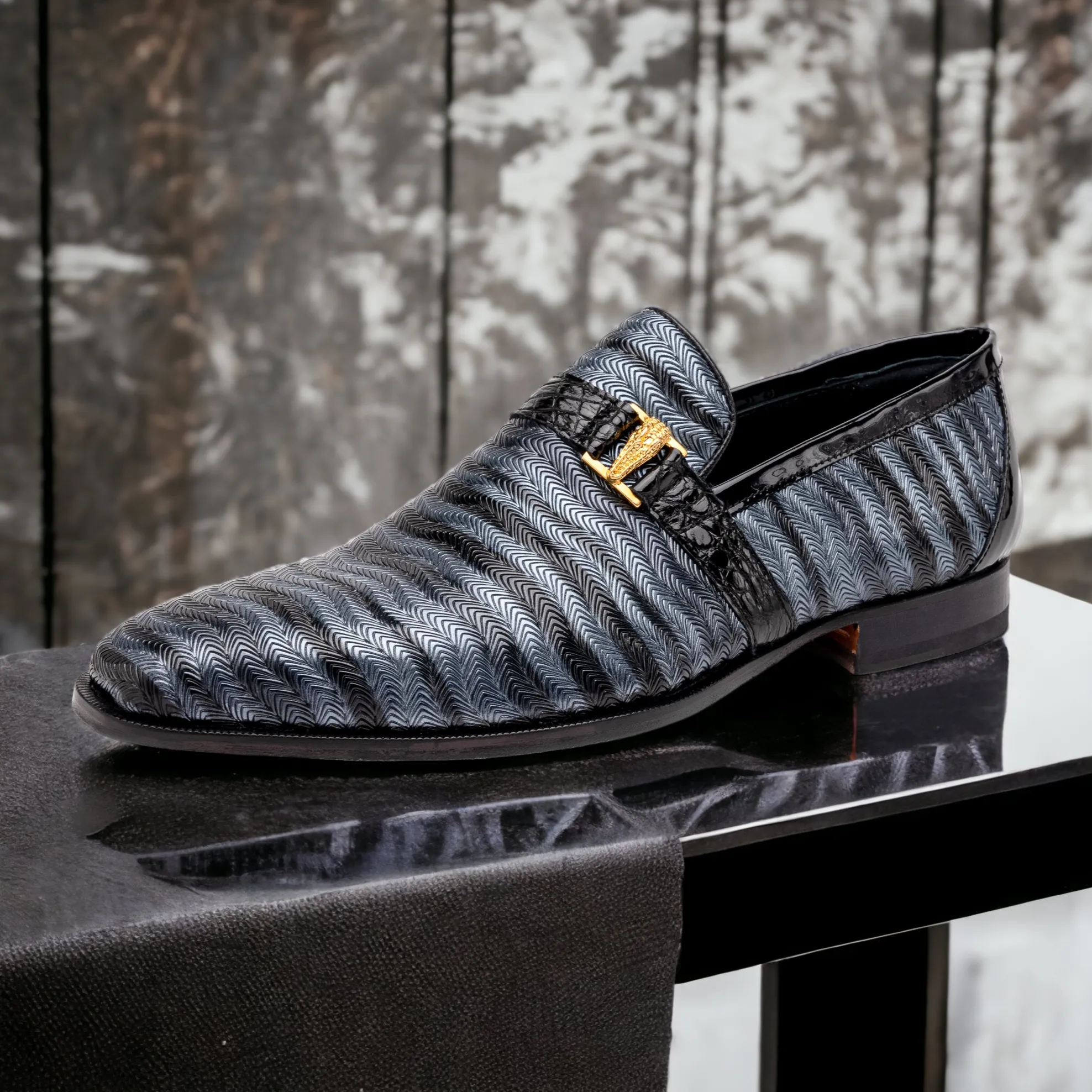 Mauri Elegante Two-Tone Grey / Black Balera Fabric / Alligator / Patent Leather Slip-On Loafers