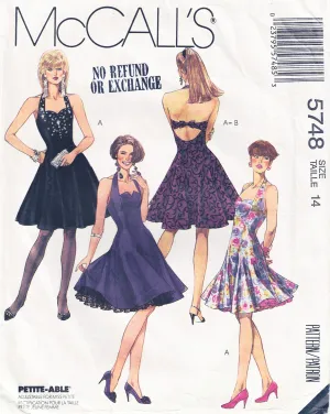 McCall's 5748 Womens Evening Prom Halter Full Skirt Dress & Petticoat 1990s Vintage Sewing Pattern Size 14 Bust 36 inches