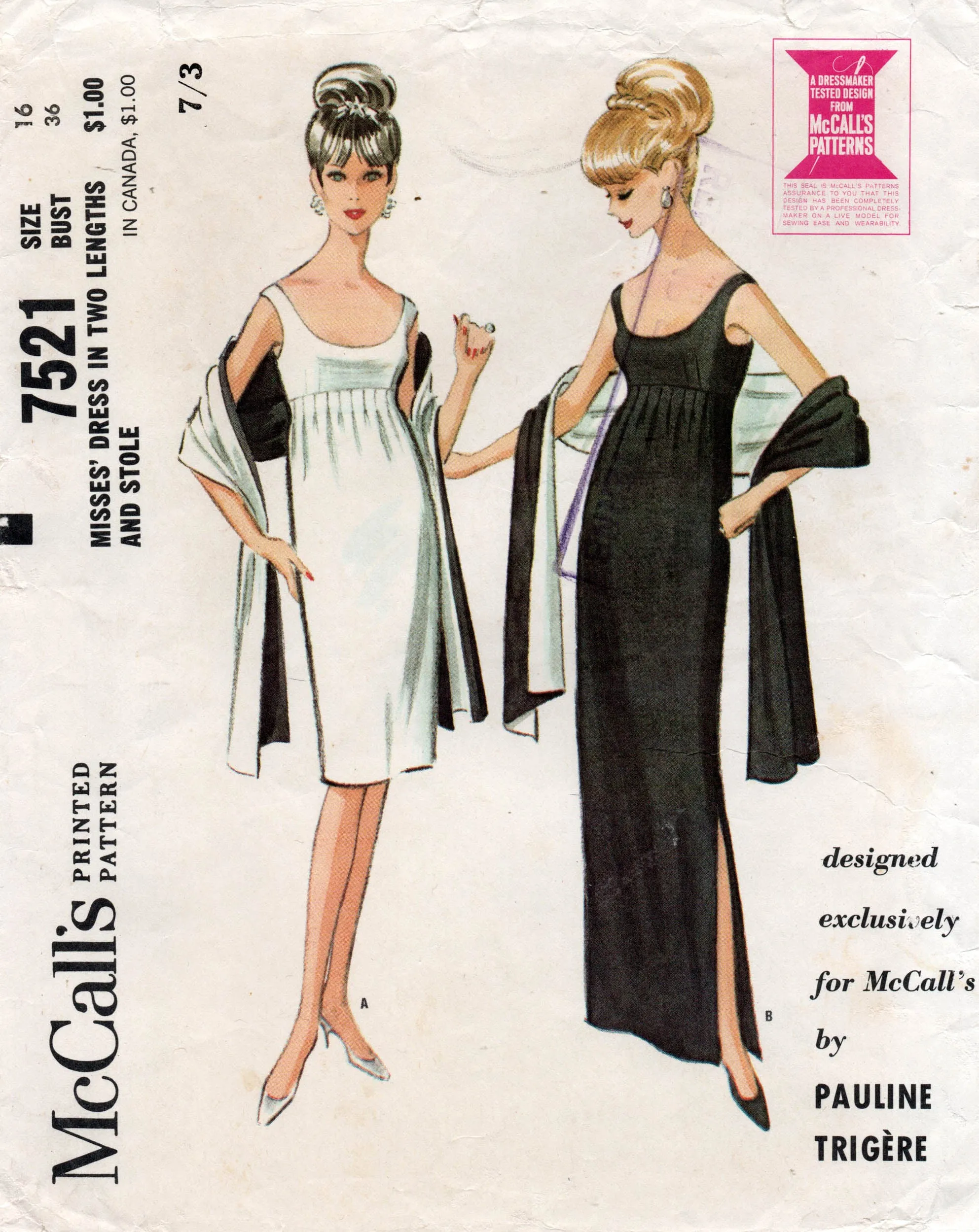 McCall's 7521 PAULINE TRIGERE Womens Evening Sheath Dress & Stole 1960s Vintage Sewing Pattern Size 16 Bust 36 inches