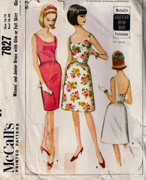 McCall's 7827 Womens Low Back Evening Dress with Flared or Slim Skirt 1960s Vintage Sewing Pattern Size 16 - 18 Bust 36 - 38 Inches