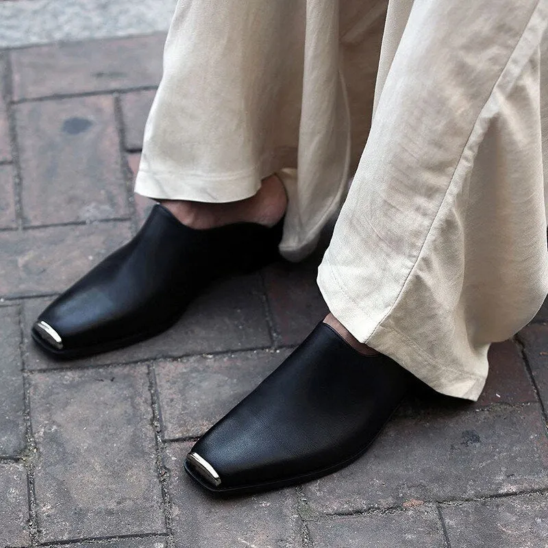 Mens Genuine Leather Shoes Square Toe Sandals