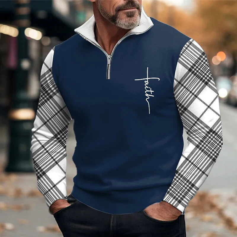 Men's Plaid Faith Business Long Sleeve Zip Polo 2411010999