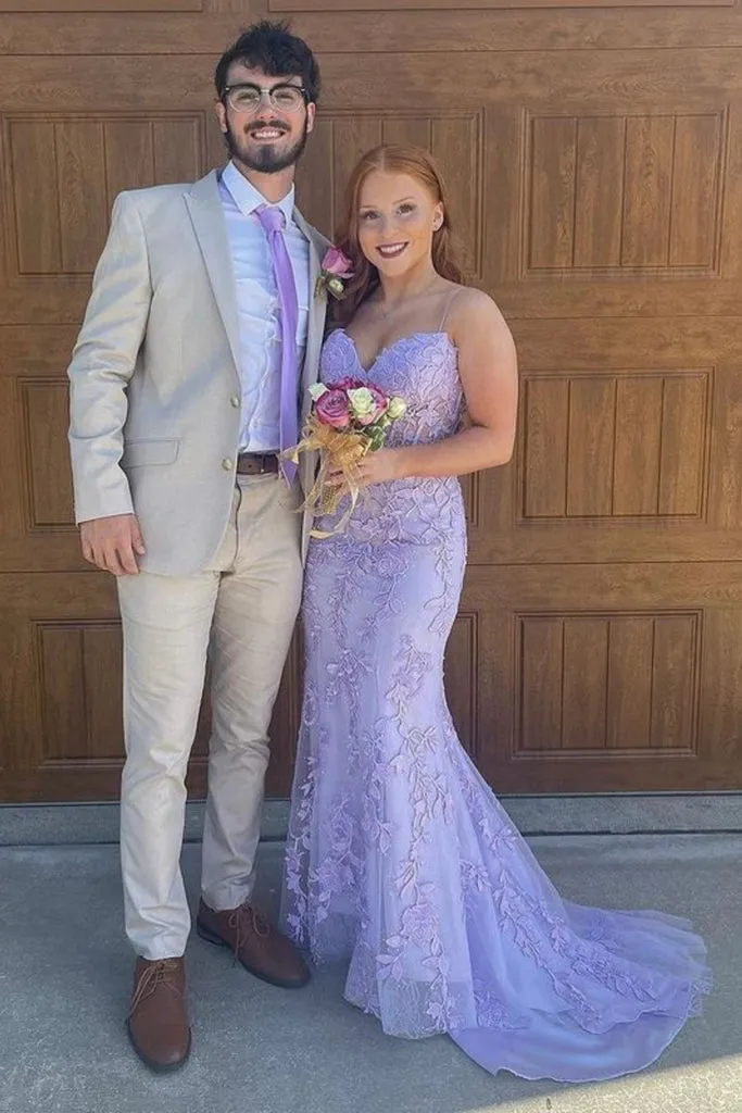 Mermaid Lace Formal Dress Lilac Spaghetti Straps Long