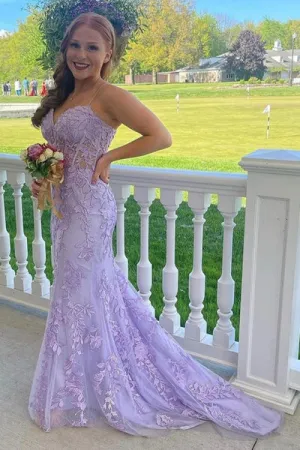 Mermaid Lace Formal Dress Lilac Spaghetti Straps Long