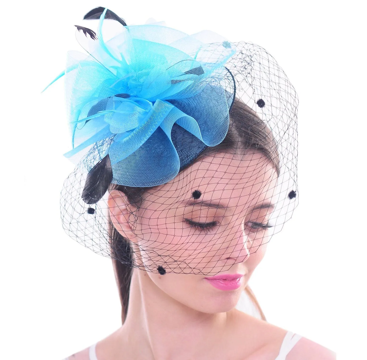 Mesh Hat Bow Feather Women Fascinator Dot Veil with Hair Clip Wedding Tea Party Derby
