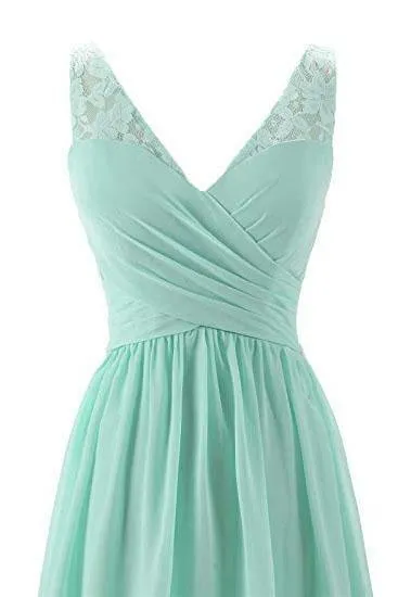 Mint Green V Neck Long Simple Pleated Bridesmaid Dress with Lace TP0892
