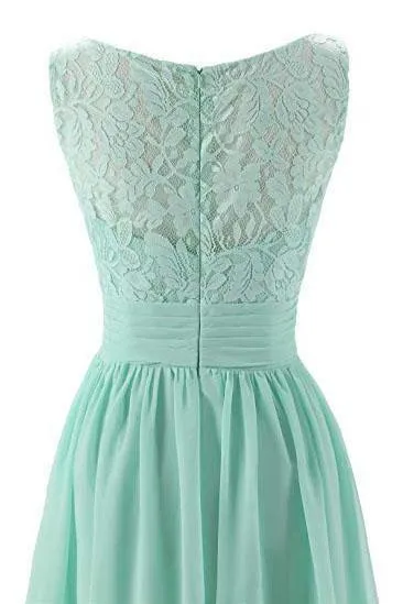 Mint Green V Neck Long Simple Pleated Bridesmaid Dress with Lace TP0892