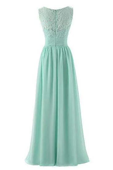 Mint Green V Neck Long Simple Pleated Bridesmaid Dress with Lace TP0892