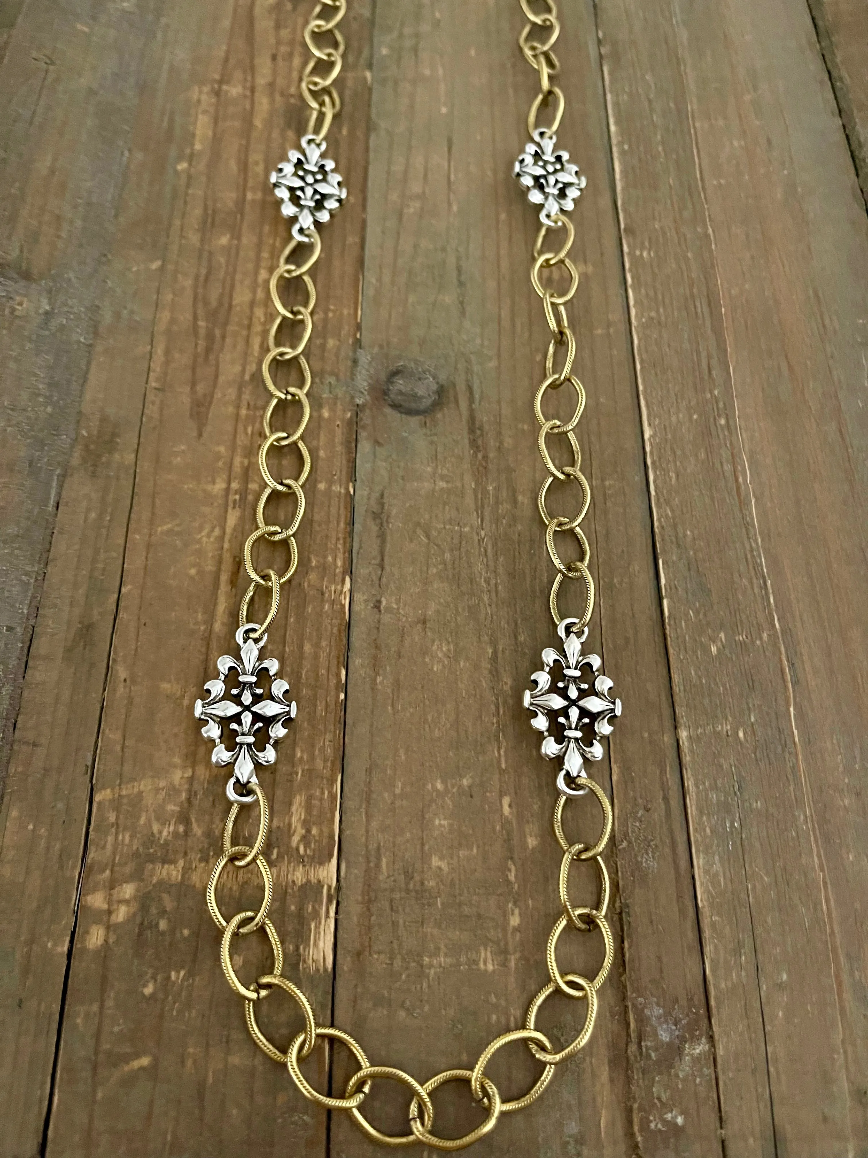 Mixed Metal Sterling & Gold Plated 36" Chain with Vintage Reproduction Fleur De Lis Accents