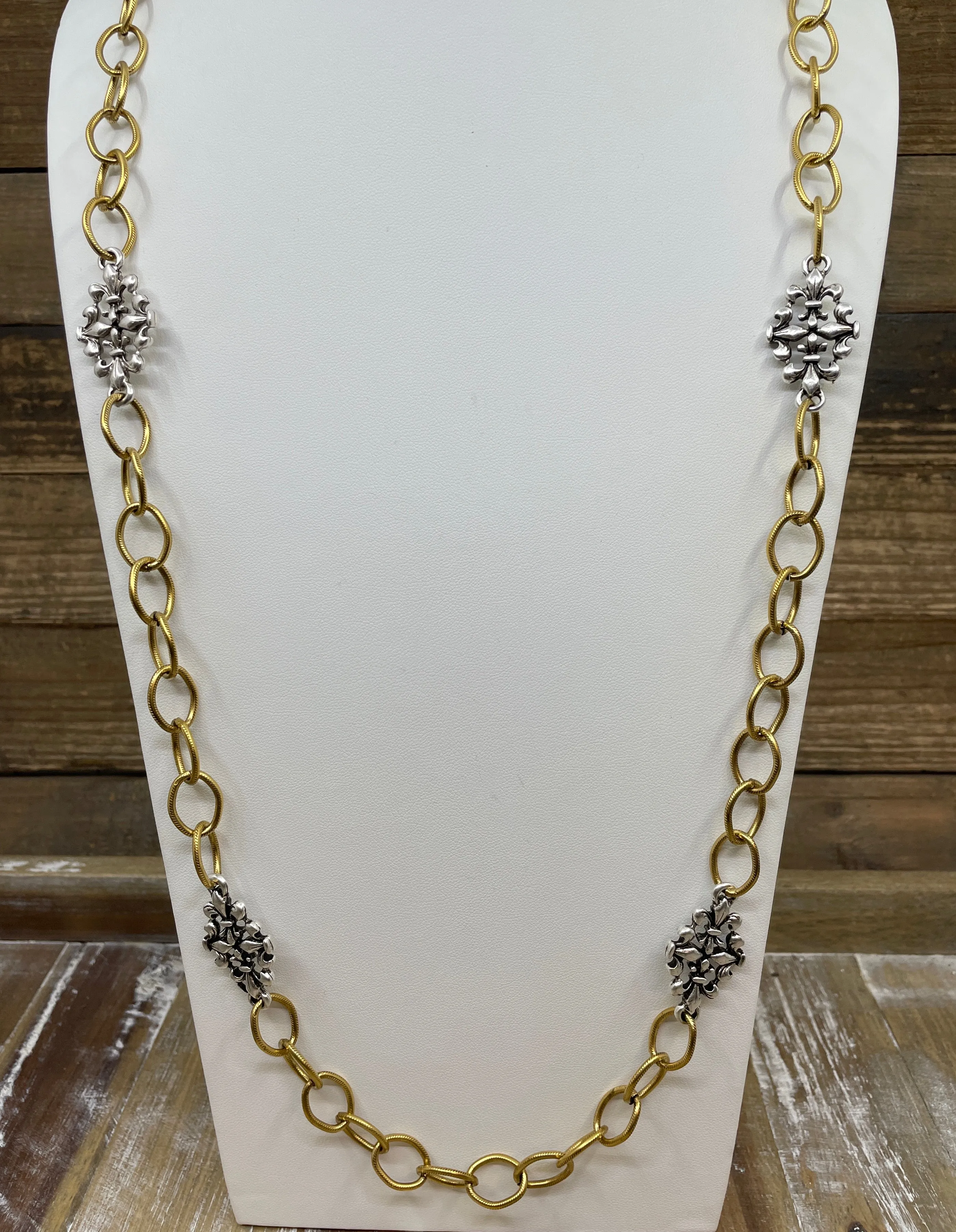 Mixed Metal Sterling & Gold Plated 36" Chain with Vintage Reproduction Fleur De Lis Accents