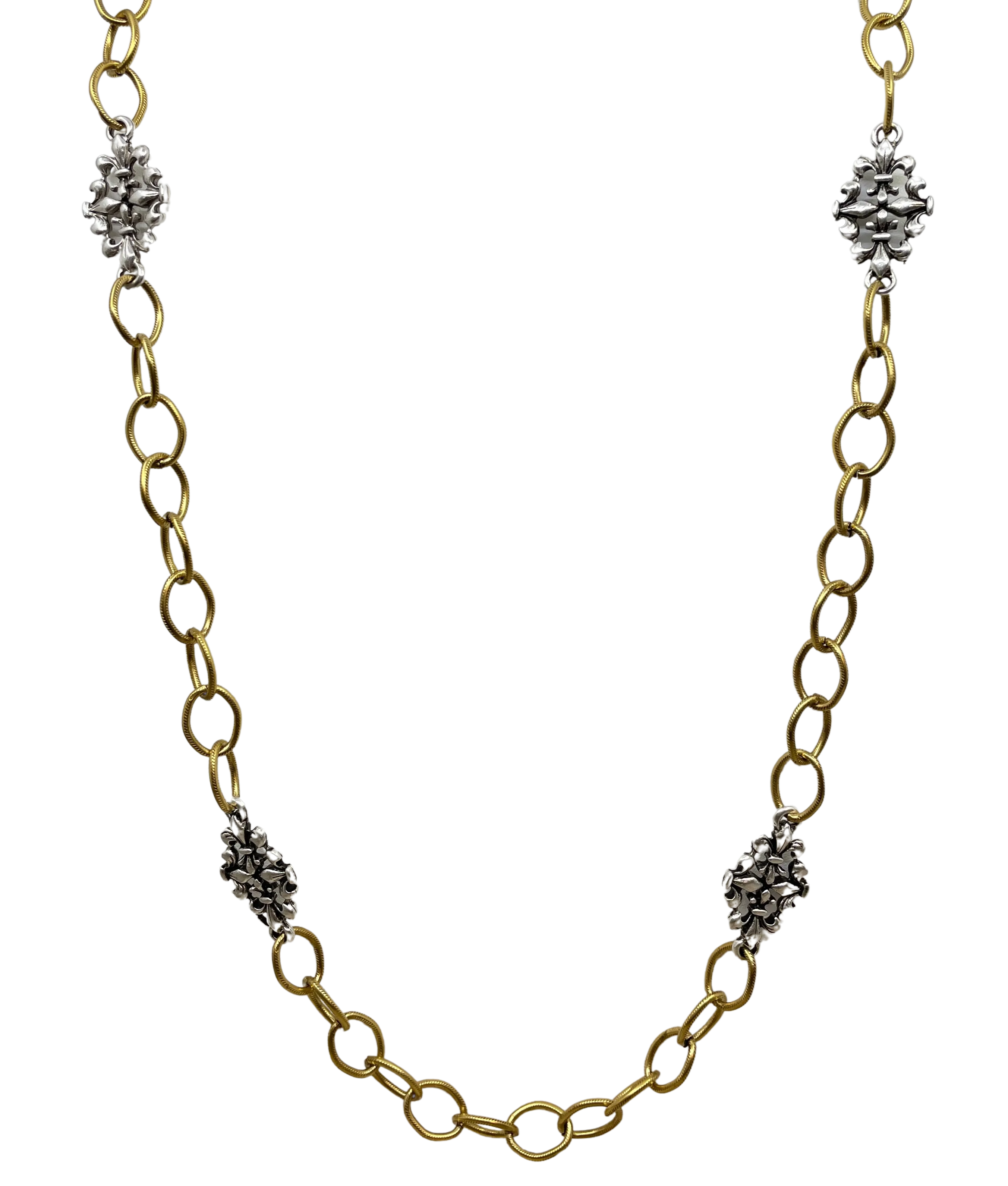 Mixed Metal Sterling & Gold Plated 36" Chain with Vintage Reproduction Fleur De Lis Accents