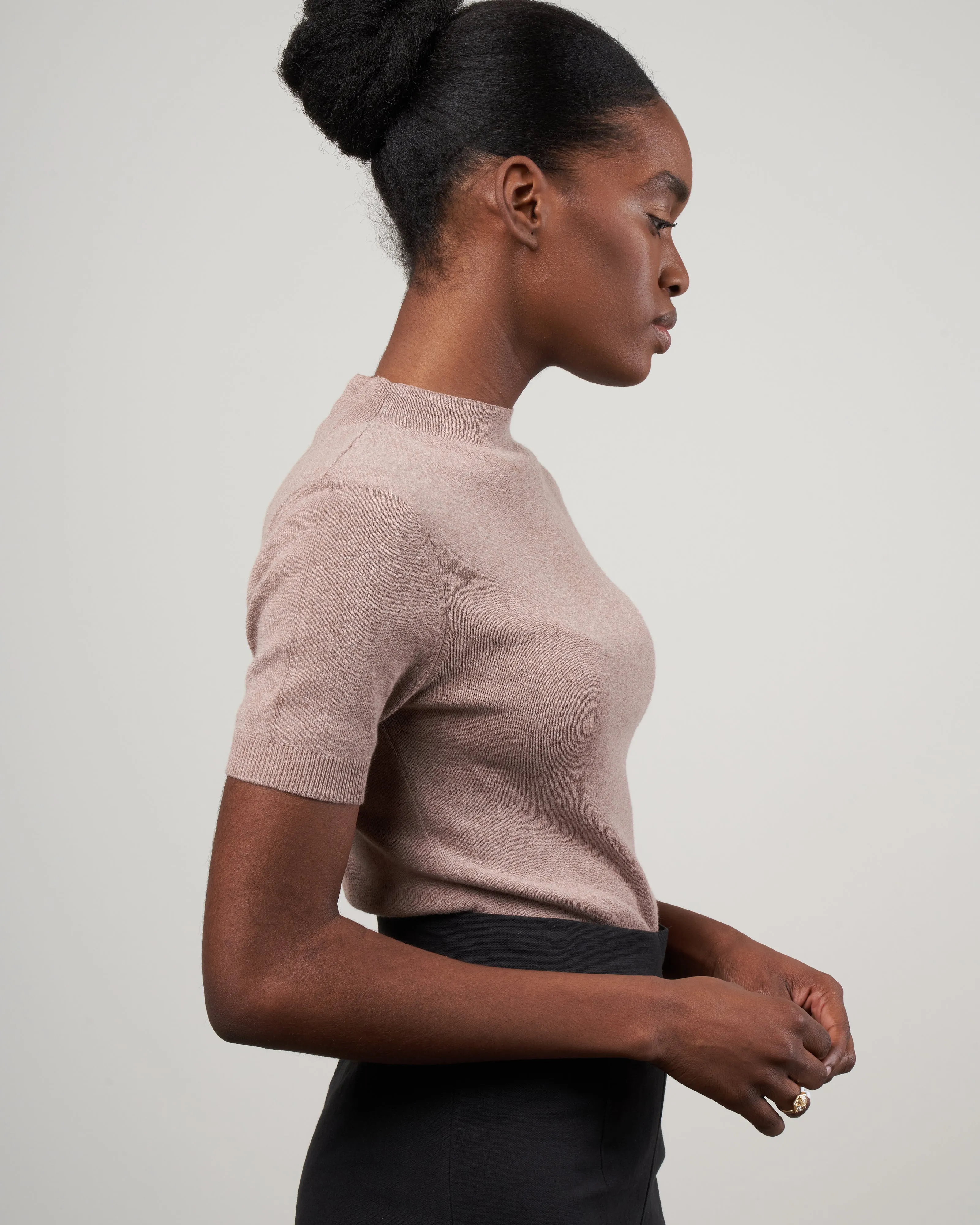 mockneck linen neck top - taupe
