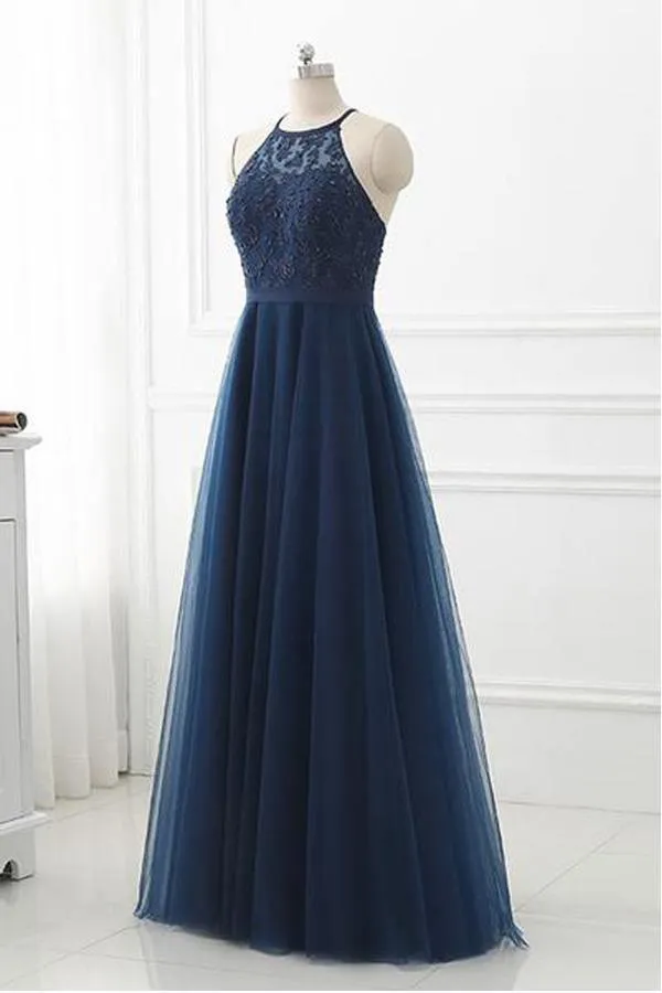 Navy Blue Lace High Neck Tulle Long Prom Dress Evening Dresses TP0930