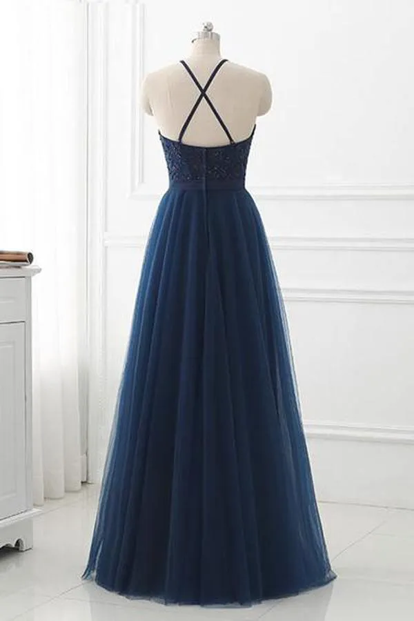 Navy Blue Lace High Neck Tulle Long Prom Dress Evening Dresses TP0930