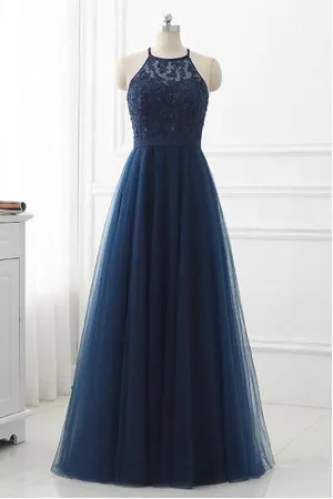 Navy Blue Lace High Neck Tulle Long Prom Dress Evening Dresses TP0930
