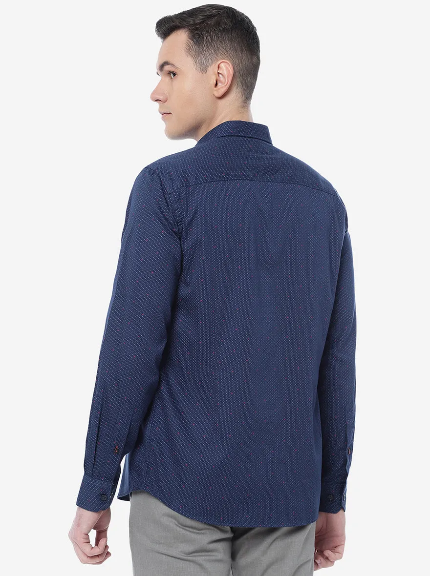 Navy Blue Printed Slim Fit Casual Shirt | JadeBlue