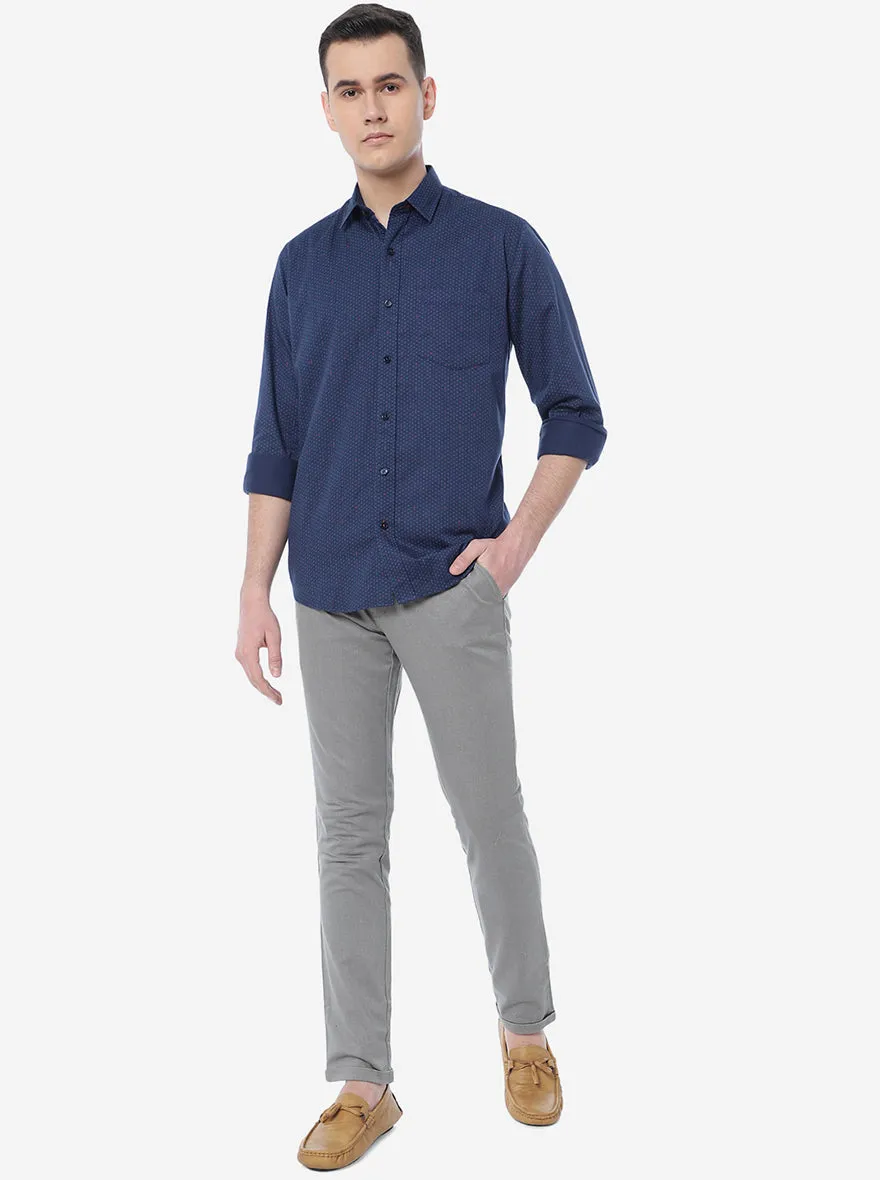 Navy Blue Printed Slim Fit Casual Shirt | JadeBlue