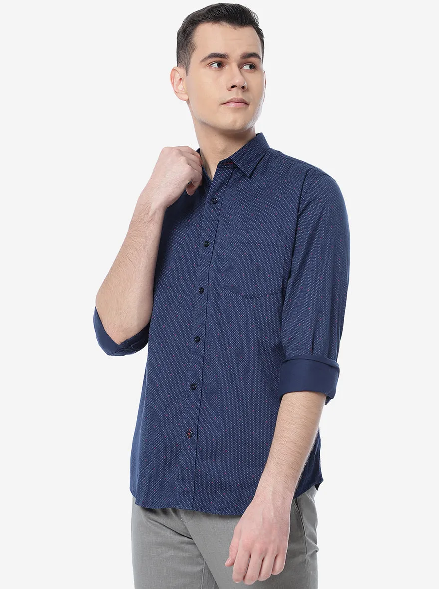 Navy Blue Printed Slim Fit Casual Shirt | JadeBlue