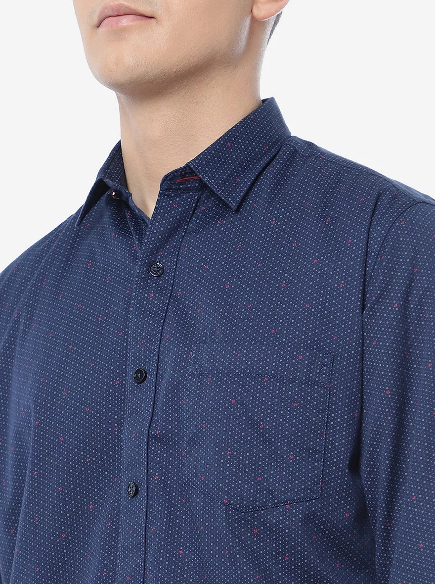 Navy Blue Printed Slim Fit Casual Shirt | JadeBlue