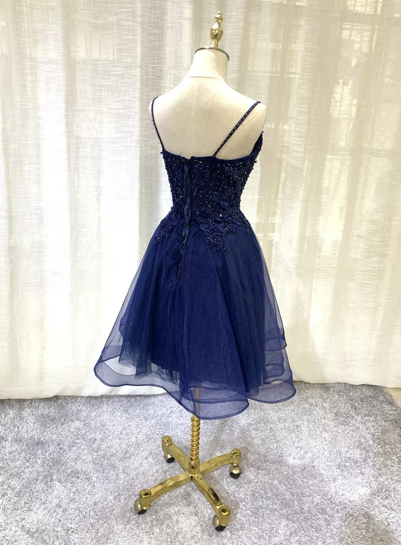 Navy Blue V-neckline Tulle Short Homecoming Dress, Lace Applique Short Party Dress