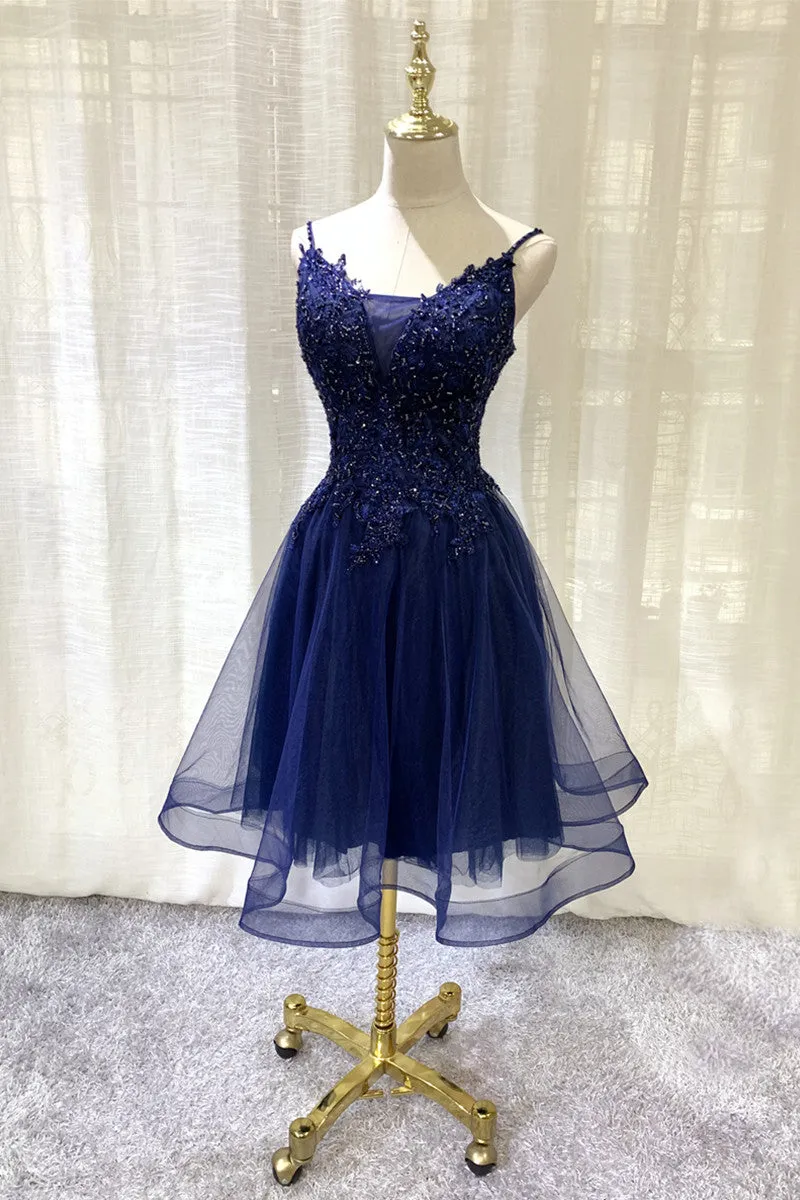 Navy Blue V-neckline Tulle Short Homecoming Dress, Lace Applique Short Party Dress