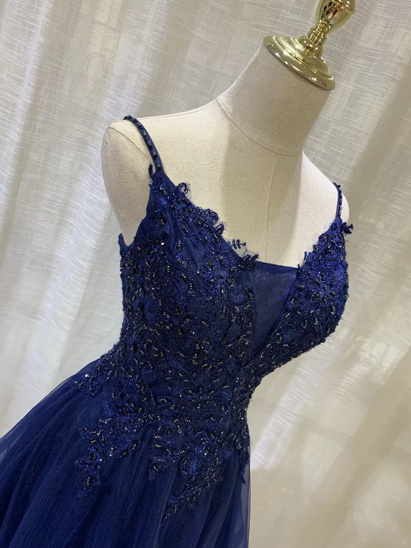 Navy Blue V-neckline Tulle Short Homecoming Dress, Lace Applique Short Party Dress