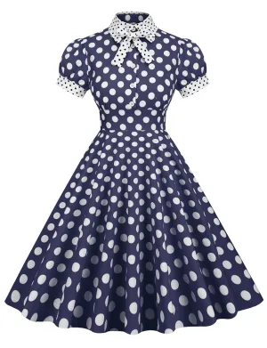 Navy Polka Dots Bowknot Swing Vintage 1950S Dress
