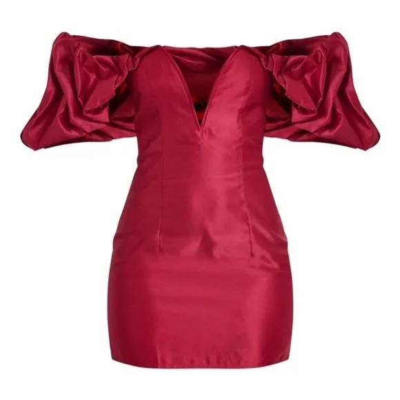 Nwt Pretty Little Thing Satin Ruffle Low Cut Mini Dress Burgundy Size 8